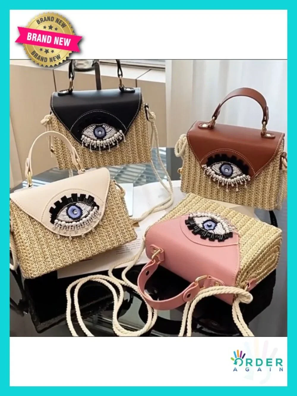 Handmade Boho Straw Crossbody Bag with Evil Eye Embellishment_6